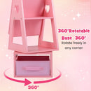 INFANS Kids Jewelry Armoire Cabinet, 360° Swivel Lockable Standing Makeup Organizer with Interior Lights, Rotatable Full-Length LED Vanity Mirror with Foldable Fabric Drawer for Girls