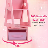 INFANS Kids Jewelry Armoire Cabinet, 360° Swivel Lockable Standing Makeup Organizer with Interior Lights, Rotatable Full-Length LED Vanity Mirror with Foldable Fabric Drawer for Girls