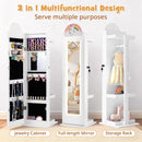 INFANS Kids Jewelry Armoire Cabinet, 360° Swivel Lockable Standing Makeup Organizer with Interior Lights, Rotatable Full-Length LED Vanity Mirror with Foldable Fabric Drawer for Girls