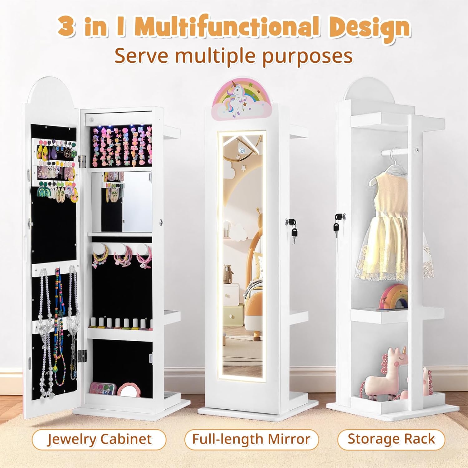 INFANS Kids Jewelry Armoire Cabinet, 360° Swivel Lockable Standing Makeup Organizer with Interior Lights, Rotatable Full-Length LED Vanity Mirror with Foldable Fabric Drawer for Girls