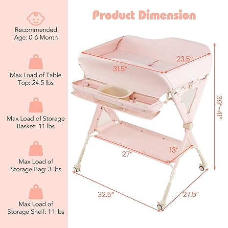 INFANS Baby Changing Table with Wheels, Portable Folding Diaper Station Nursery Organizer with Safety Belt