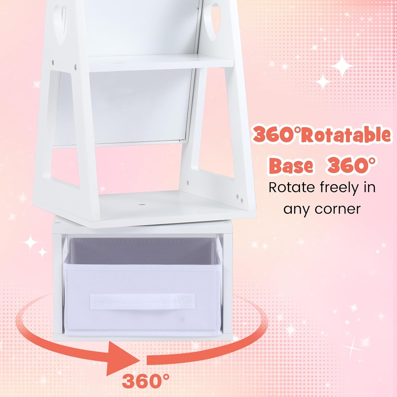 INFANS Kids Jewelry Armoire Cabinet, 360° Swivel Lockable Standing Makeup Organizer with Interior Lights, Rotatable Full-Length LED Vanity Mirror with Foldable Fabric Drawer for Girls