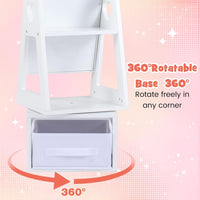 INFANS Kids Jewelry Armoire Cabinet, 360° Swivel Lockable Standing Makeup Organizer with Interior Lights, Rotatable Full-Length LED Vanity Mirror with Foldable Fabric Drawer for Girls