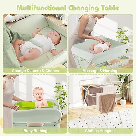 INFANS Baby Changing Table with Wheels, Portable Folding Diaper Station Nursery Organizer with Safety Belt