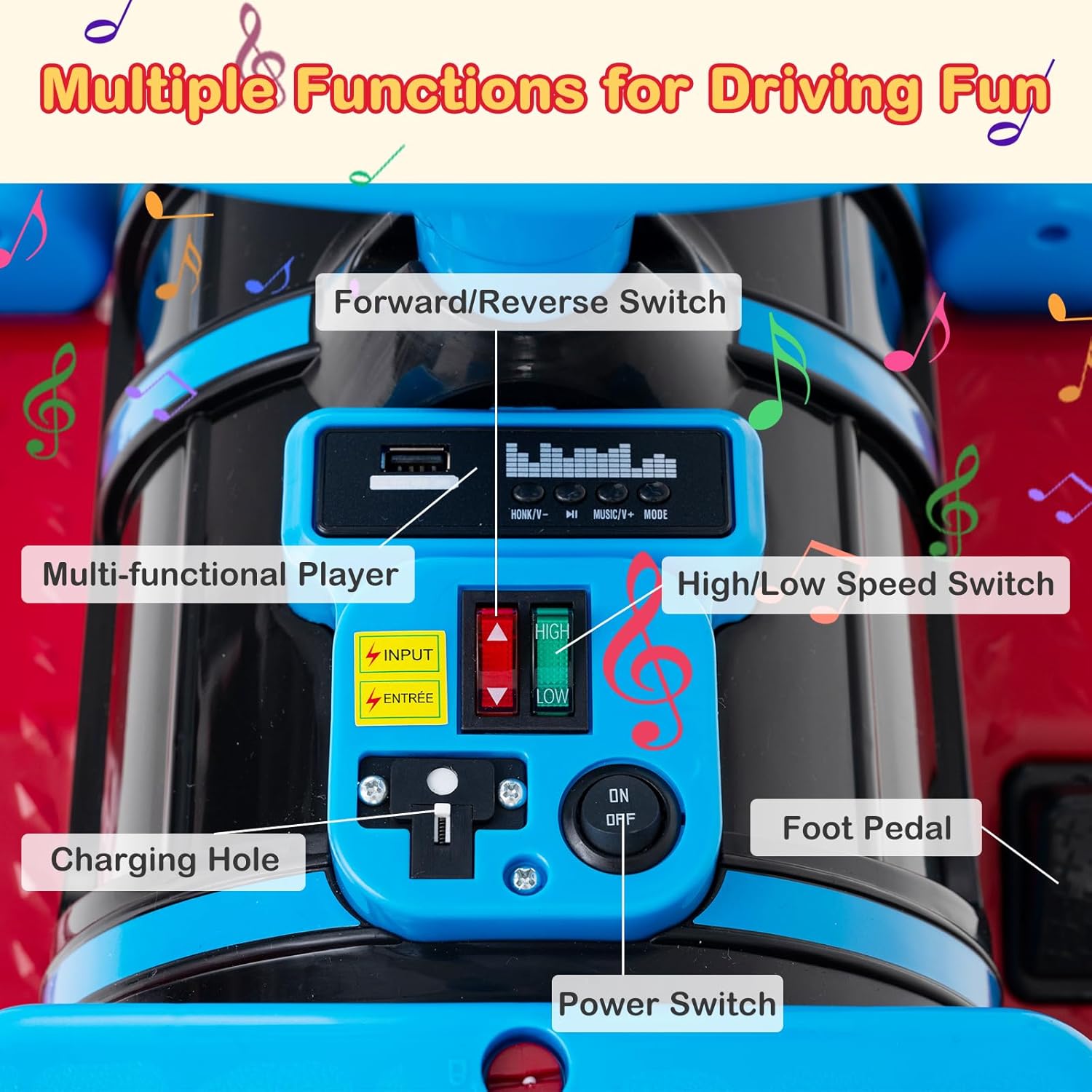 INFANS 2-Seater Kids Ride on Train Trackless, 12V Battery Powered Electric Toy with Train Whistle, Music, LED Lights, 2 Speeds, Soft Start, Gift for Toddlers Boys Girls