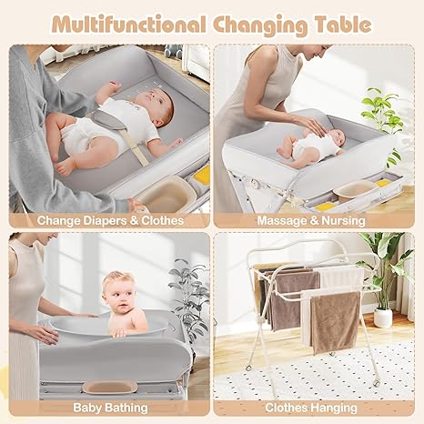 INFANS Baby Changing Table with Wheels, Portable Folding Diaper Station Nursery Organizer with Safety Belt