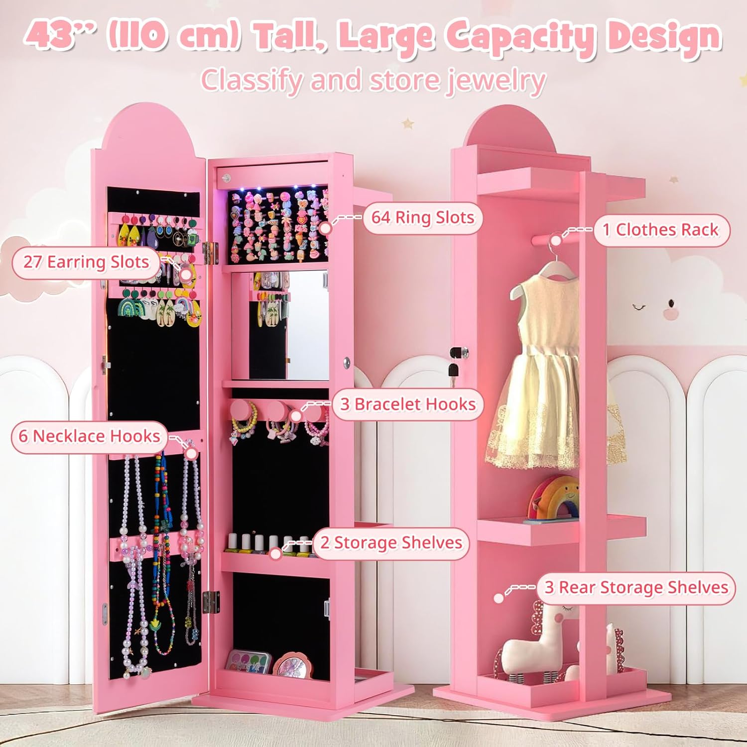 INFANS Kids Jewelry Armoire Cabinet, 360° Swivel Lockable Standing Makeup Organizer with Interior Lights, Rotatable Full-Length LED Vanity Mirror with Foldable Fabric Drawer for Girls