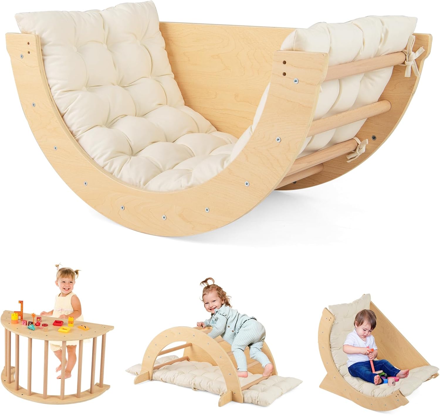 INFANS 6 in 1 Montessori Wooden Arch Climber Rocker with Cushion