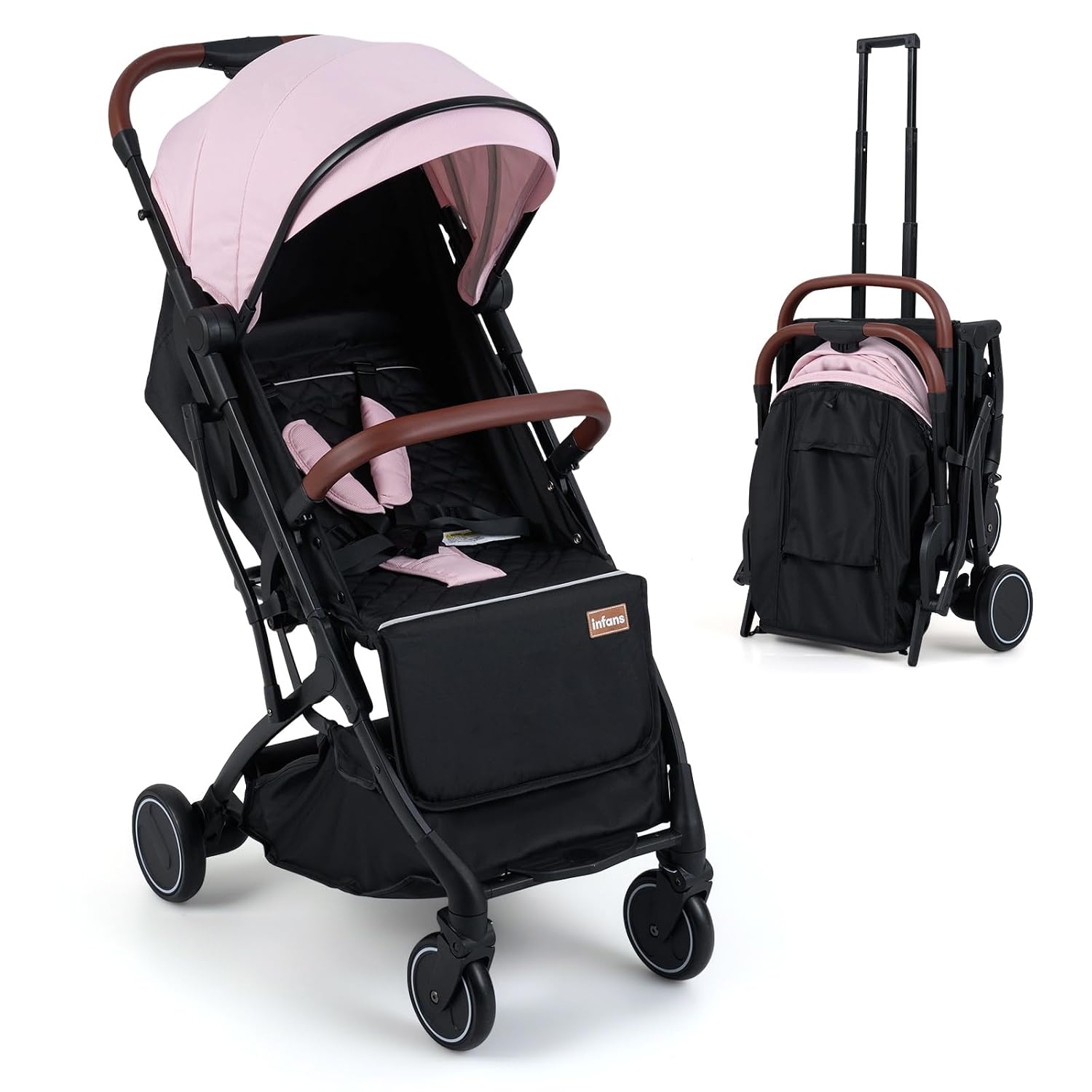 INFANS Lightweight Travel Stroller, Compact Airplane Baby Stroller with One-Hand Fold, Recline, Canopy, Suspension & Storage