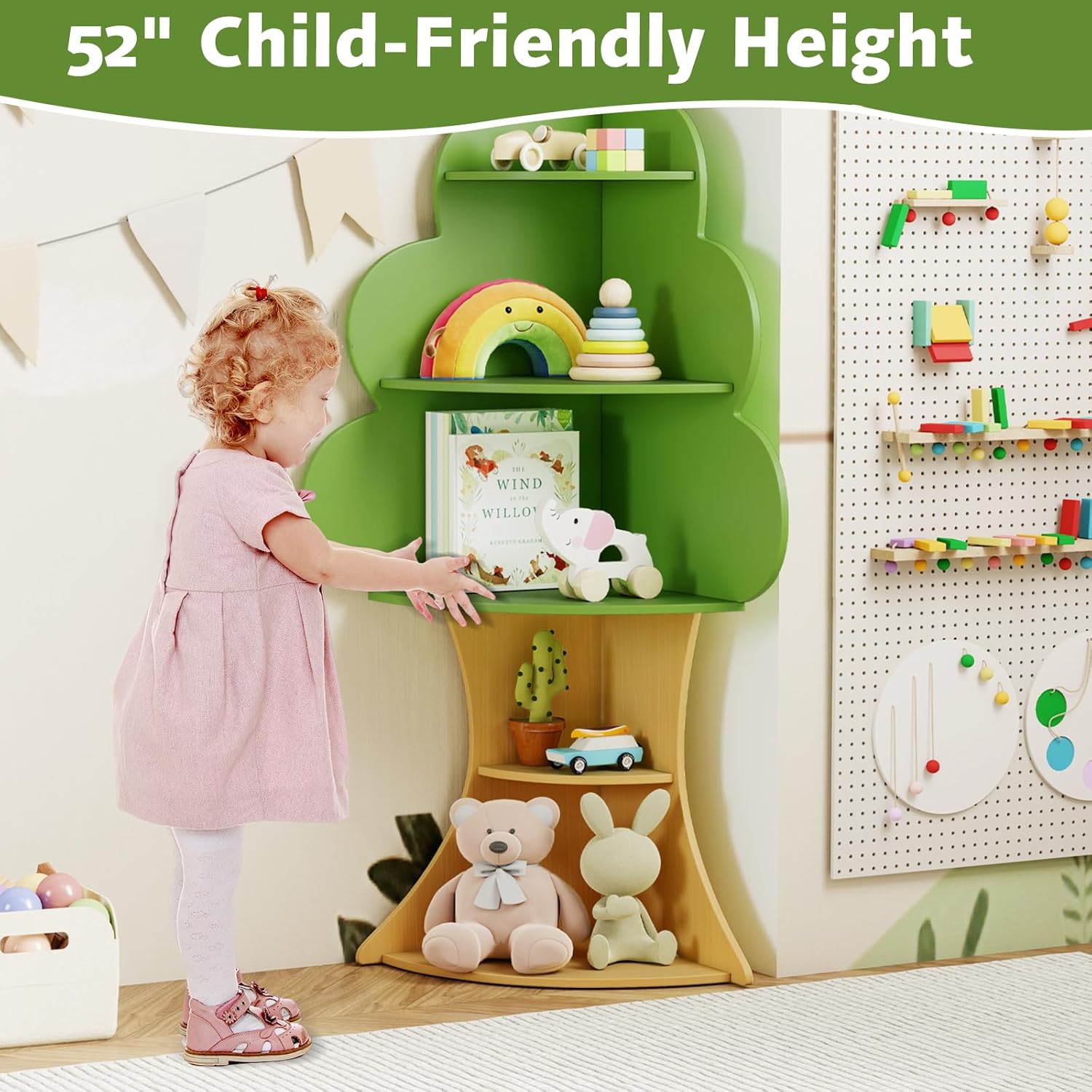 INFANS Tree Kids Bookshelf, Wood 5-Tier Corner Bookcase, Baby Montessori Shelf Rack Children's Bookcase