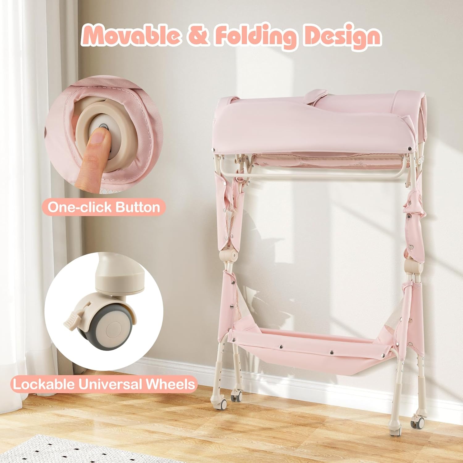 INFANS Baby Changing Table with Wheels, Portable Folding Diaper Station Nursery Organizer with Safety Belt