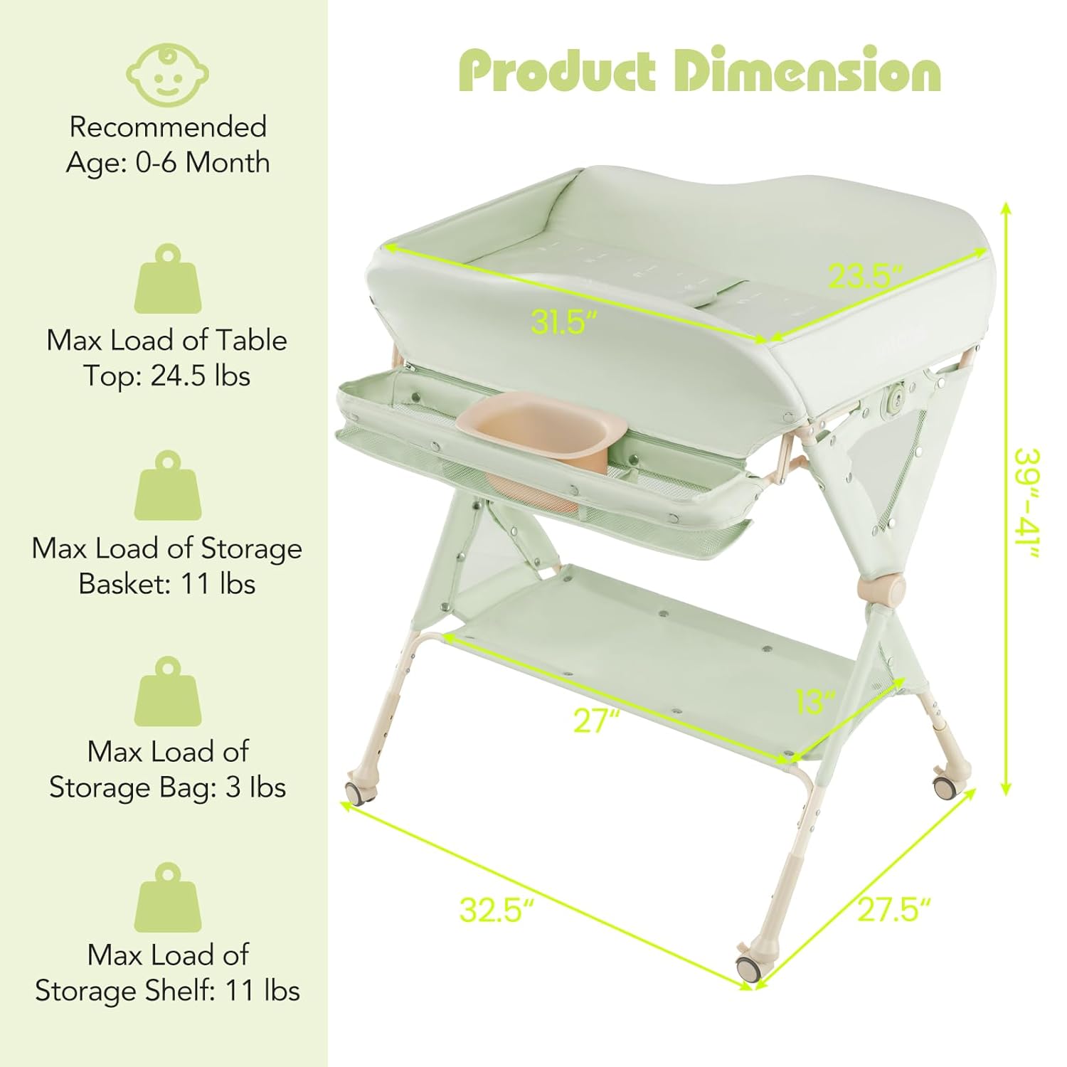 INFANS Baby Changing Table with Wheels, Portable Folding Diaper Station Nursery Organizer with Safety Belt