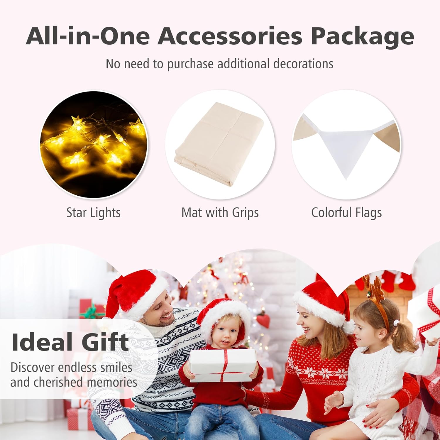 INFANS Kids Play Tent with Fluorescent Roof Washable Mat Star Light Colorful Flag Windows, Anti-Trip Large Playhouse Toys