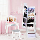 INFANS Kids Jewelry Armoire Cabinet, 360° Swivel Lockable Standing Makeup Organizer with Interior Lights, Rotatable Full-Length LED Vanity Mirror with Foldable Fabric Drawer for Girls