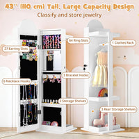 INFANS Kids Jewelry Armoire Cabinet, 360° Swivel Lockable Standing Makeup Organizer with Interior Lights, Rotatable Full-Length LED Vanity Mirror with Foldable Fabric Drawer for Girls