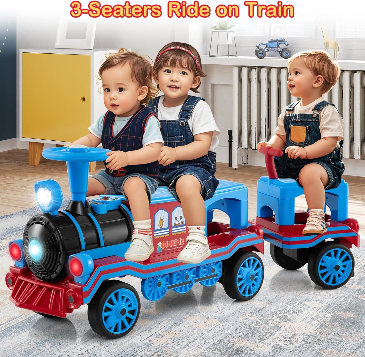 INFANS 2-Seater Kids Ride on Train Trackless, 12V Battery Powered Electric Toy with Train Whistle, Music, LED Lights, 2 Speeds, Soft Start, Gift for Toddlers Boys Girls