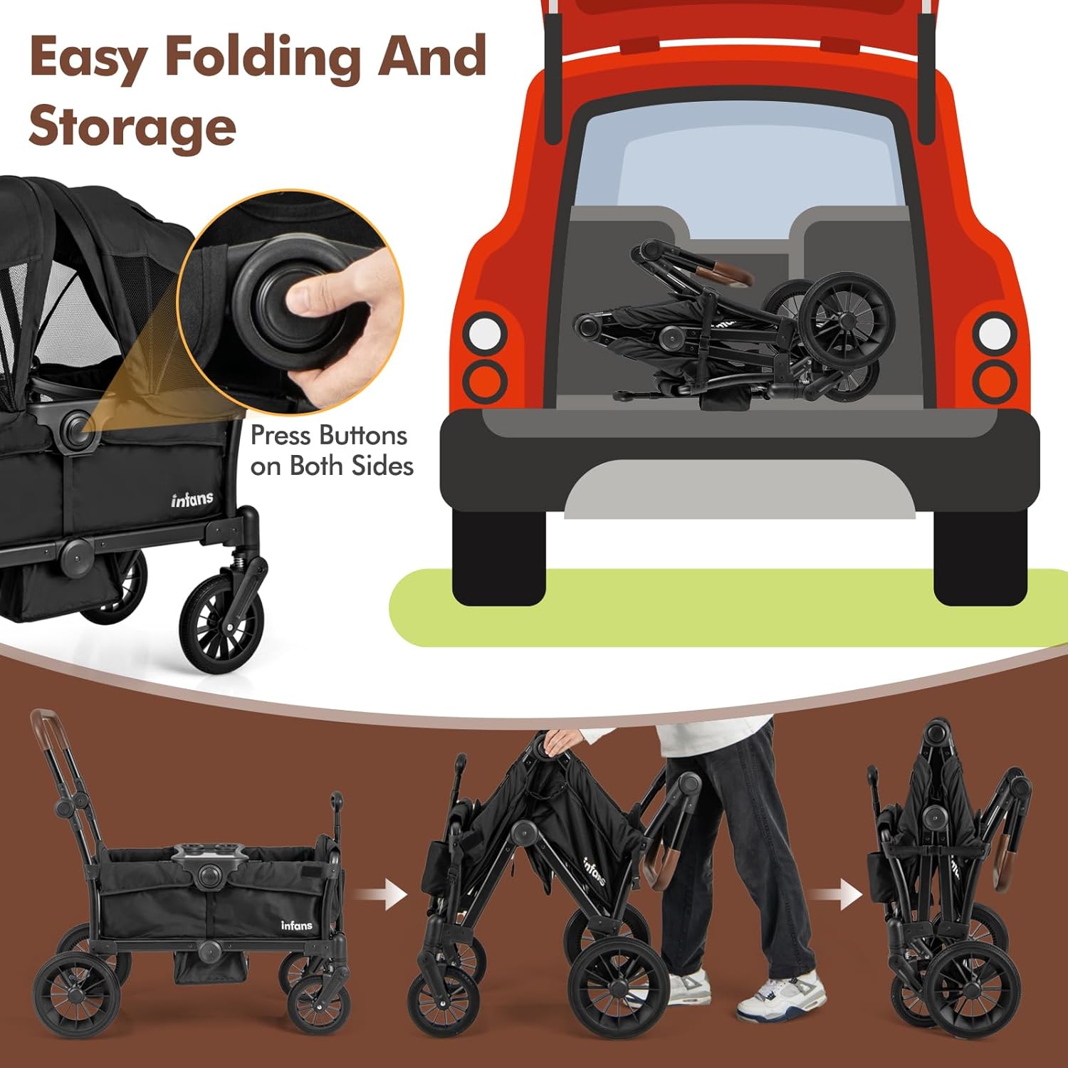 INFANS Wagon Stroller for 2 Kids, Collapsible Adjustable Push Pull Handle Bar, 2 Seater Stroller Wagon