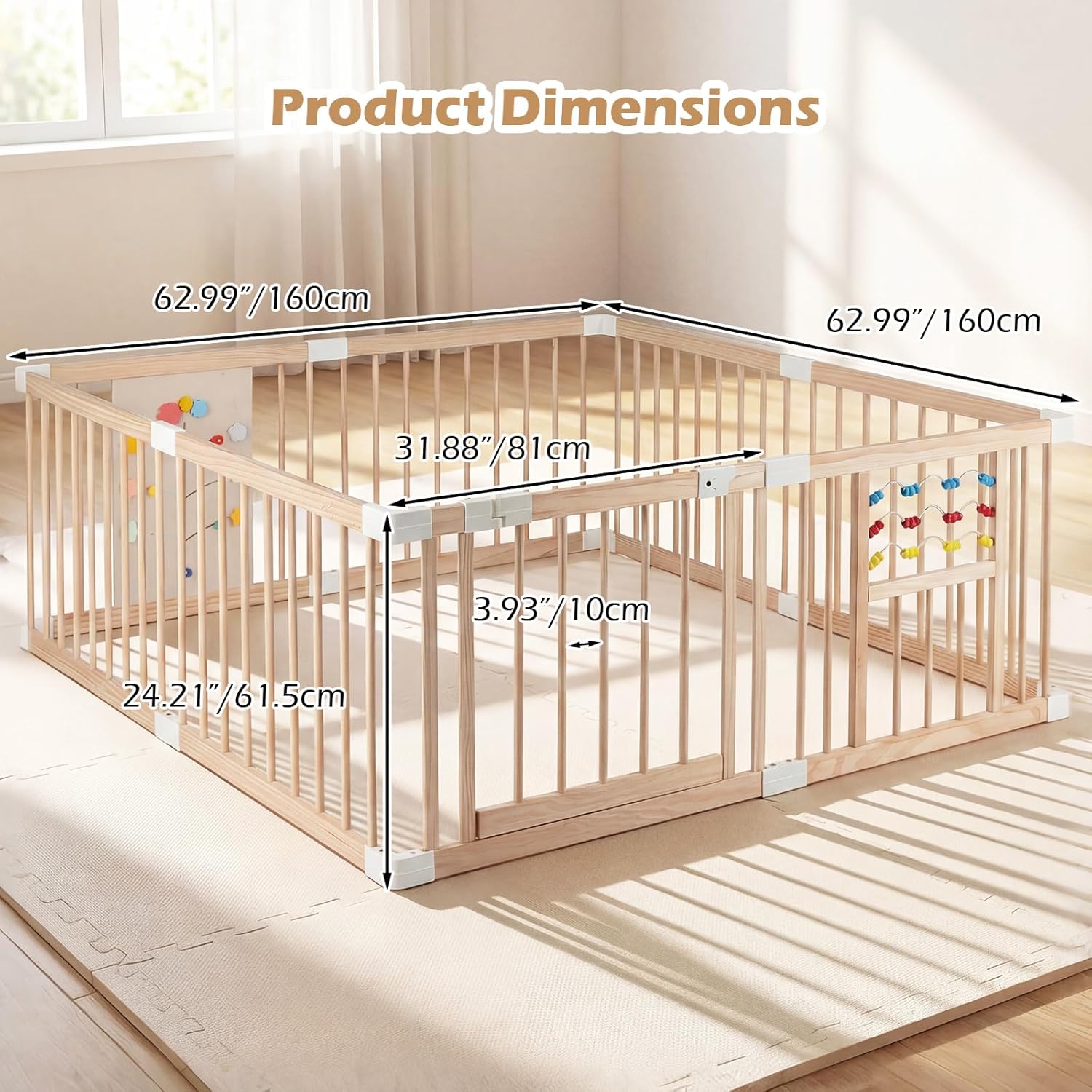 INFANS Wooden Baby Playpen with Adjustable Size & Shape, 8 Panels, Child Proof Lock, Easy to Assemble, 63" x 63" Portable Play Yard
