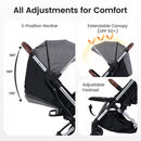 INFANS Lightweight Travel Stroller, Compact Airplane Baby Stroller with One-Hand Fold, Recline, Canopy, Suspension & Storage