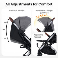 INFANS Lightweight Travel Stroller, Compact Airplane Baby Stroller with One-Hand Fold, Recline, Canopy, Suspension & Storage