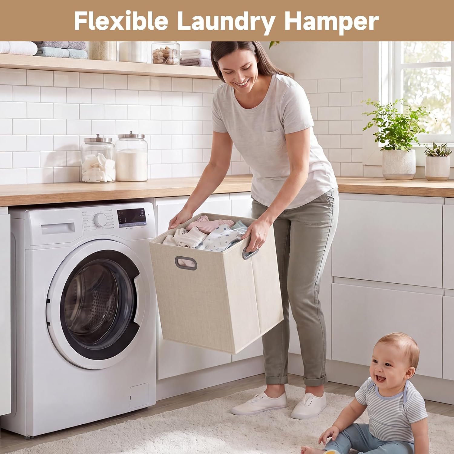 INFANS Wooden Baby Changing Table with 3 Fabric Drawers & Laundry Hamper