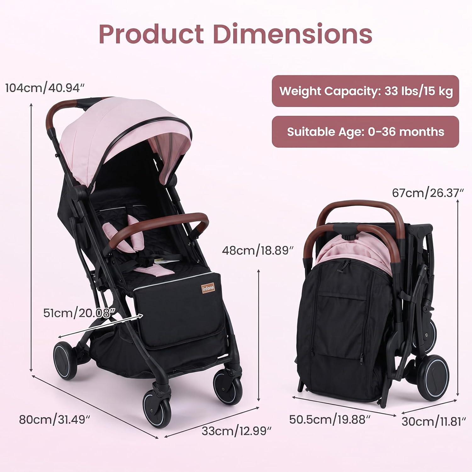 INFANS Lightweight Travel Stroller, Compact Airplane Baby Stroller with One-Hand Fold, Recline, Canopy, Suspension & Storage