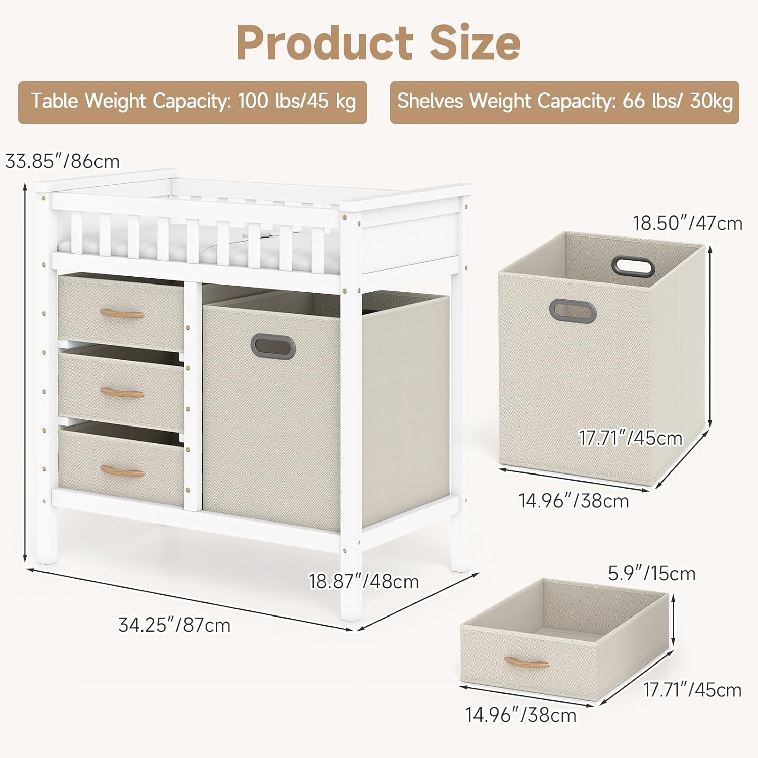 INFANS Wooden Baby Changing Table with 3 Fabric Drawers & Laundry Hamper