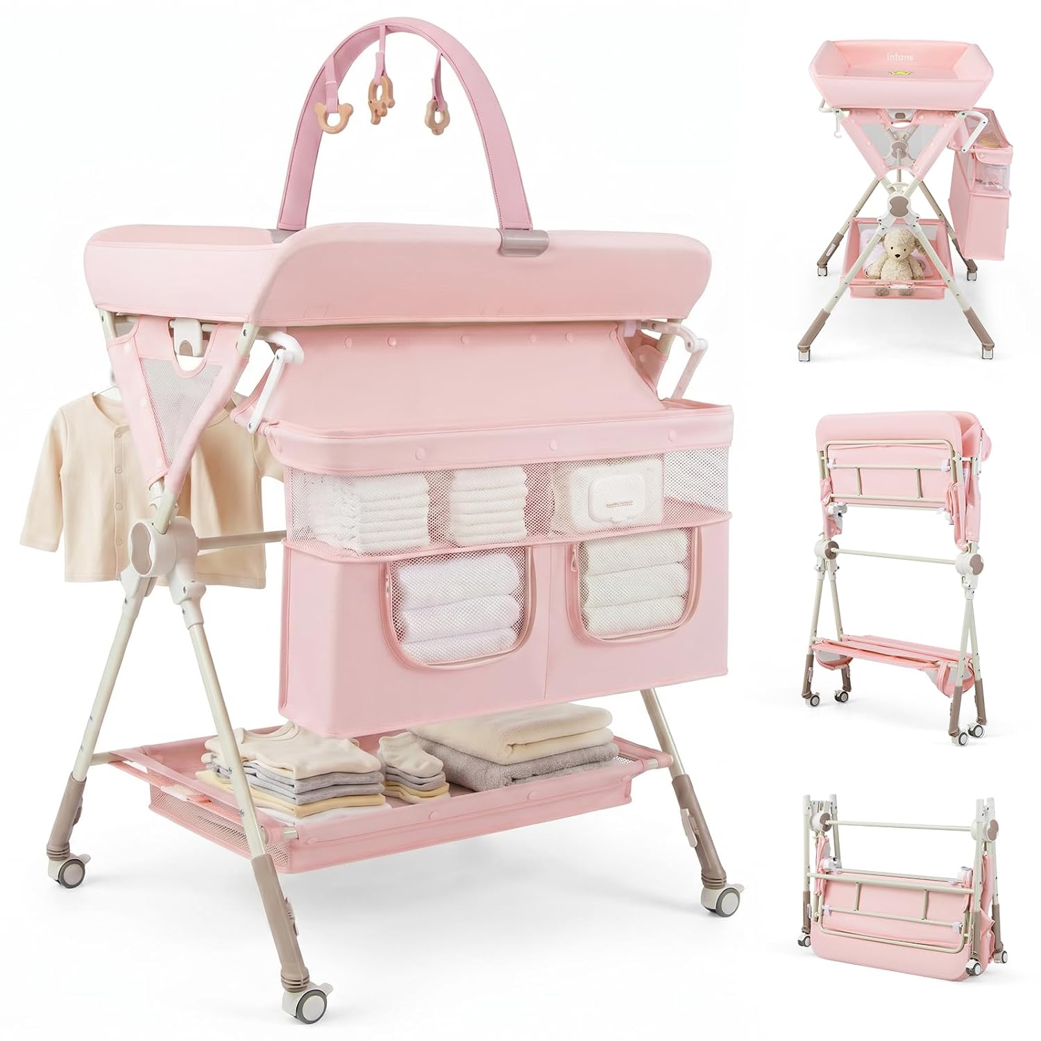 INFANS Portable Baby Changing Table with Wheels, Foldable Diaper Changing Station with Adjustable Heights