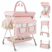 INFANS Portable Baby Changing Table with Wheels, Foldable Diaper Changing Station with Adjustable Heights