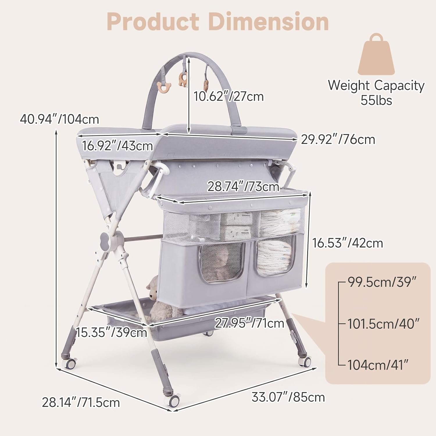 INFANS Portable Baby Changing Table with Wheels, Foldable Diaper Changing Station with Adjustable Heights