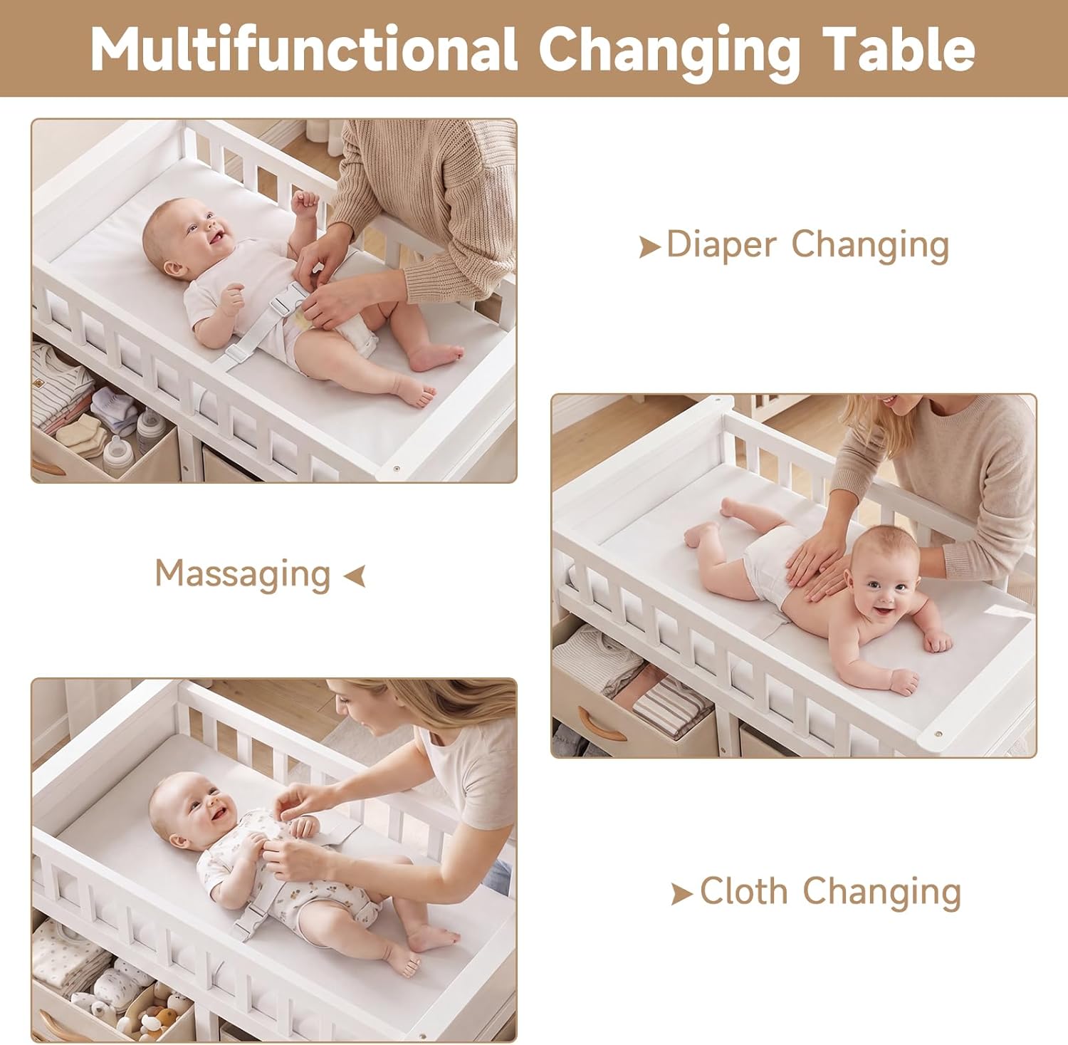 INFANS Wooden Baby Changing Table with 3 Fabric Drawers & Laundry Hamper