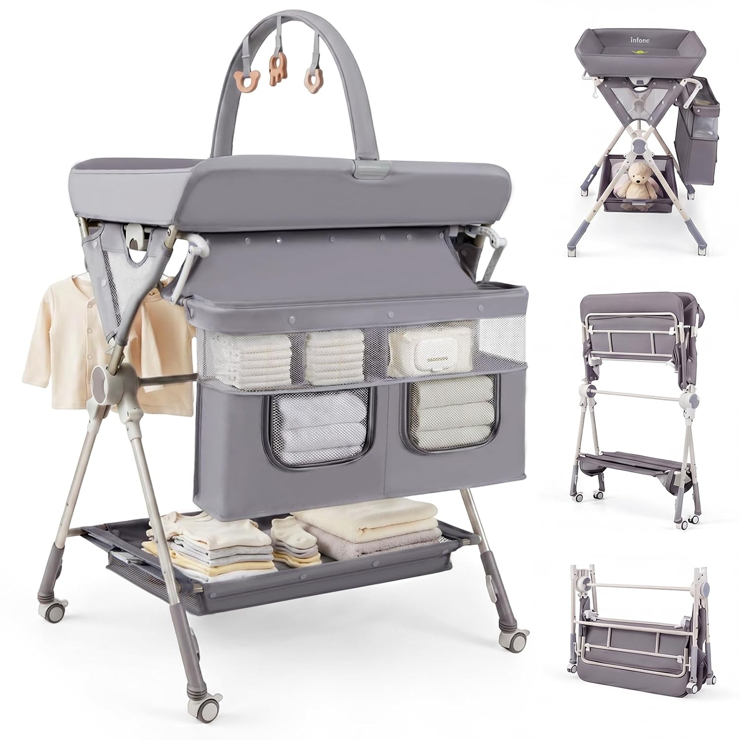 INFANS Portable Baby Changing Table with Wheels, Foldable Diaper Changing Station with Adjustable Heights