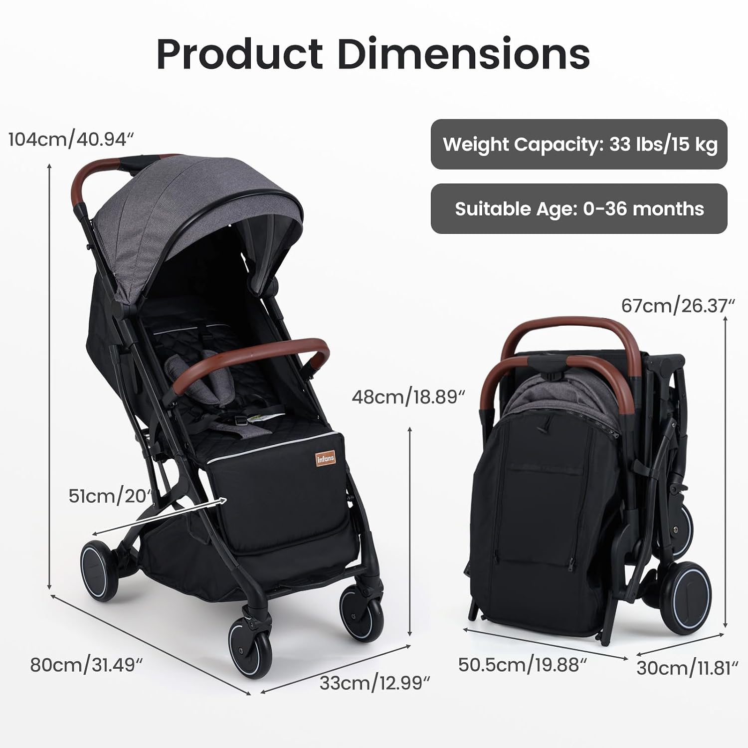INFANS Lightweight Travel Stroller, Compact Airplane Baby Stroller with One-Hand Fold, Recline, Canopy, Suspension & Storage
