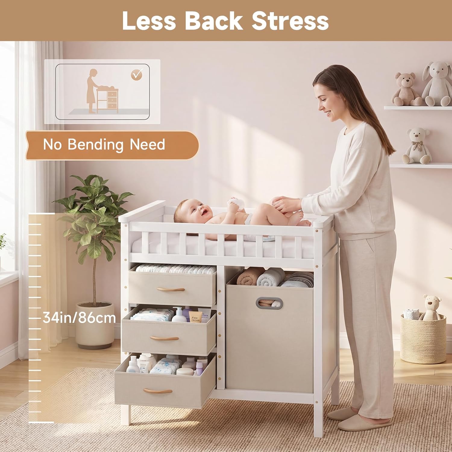 INFANS Wooden Baby Changing Table with 3 Fabric Drawers & Laundry Hamper