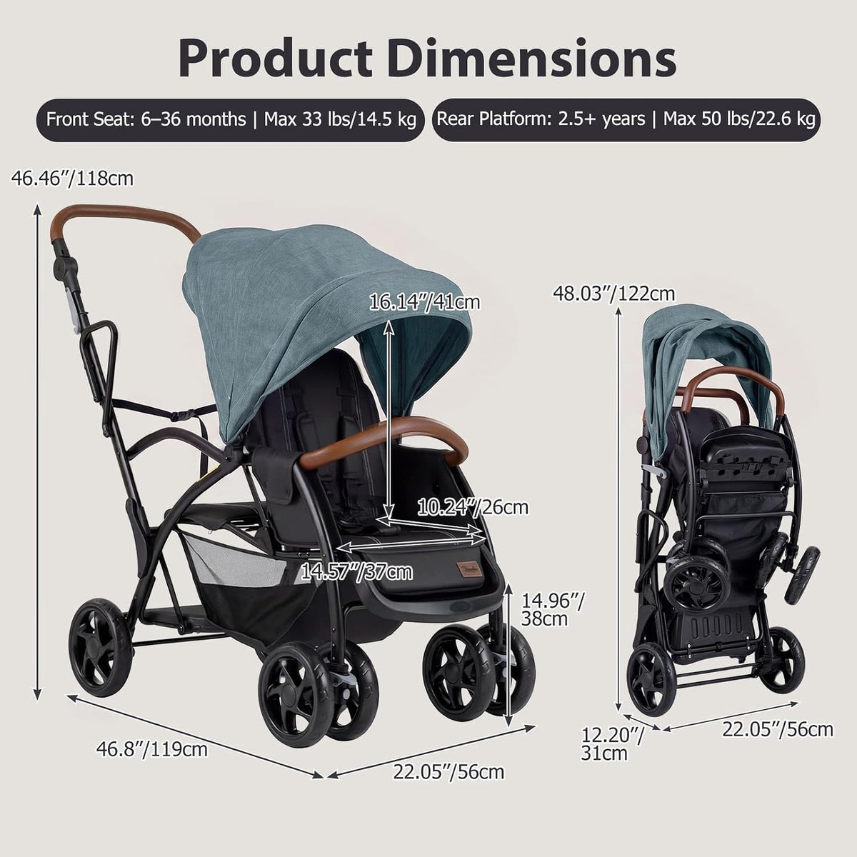 INFANS Double Stroller with Leather Handle, Front Seat 2-Position Recline, Dual Rear Brakes and Lockable Front Wheels