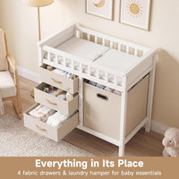 INFANS Wooden Baby Changing Table with 3 Fabric Drawers & Laundry Hamper
