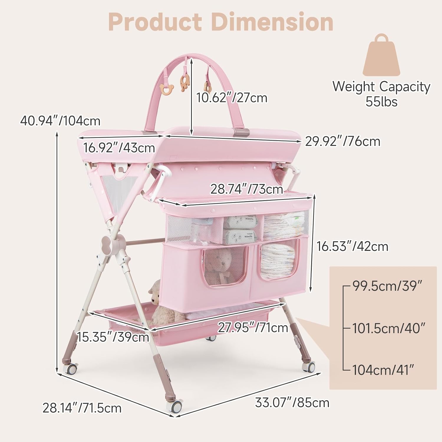 INFANS Portable Baby Changing Table with Wheels, Foldable Diaper Changing Station with Adjustable Heights