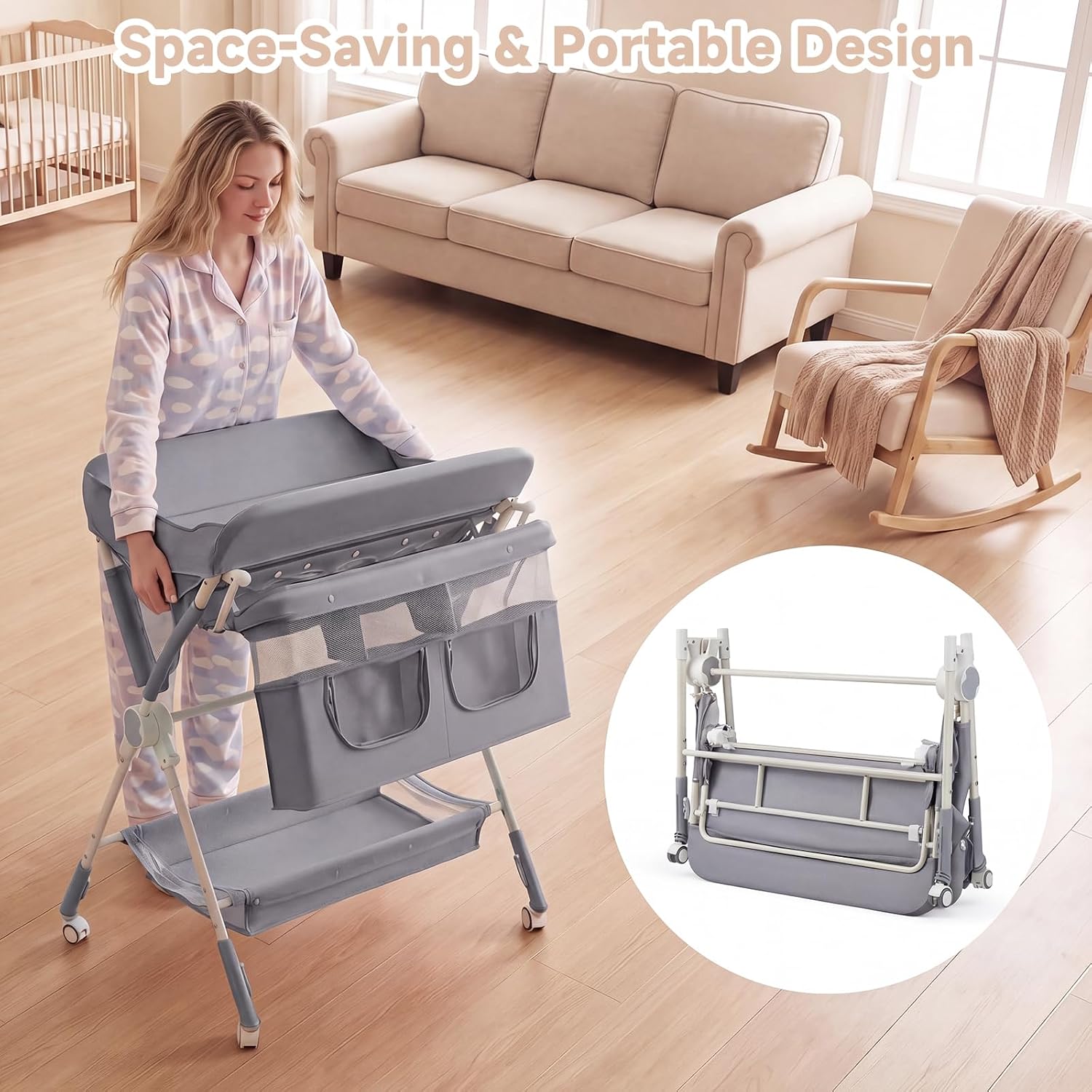 INFANS Portable Baby Changing Table with Wheels, Foldable Diaper Changing Station with Adjustable Heights