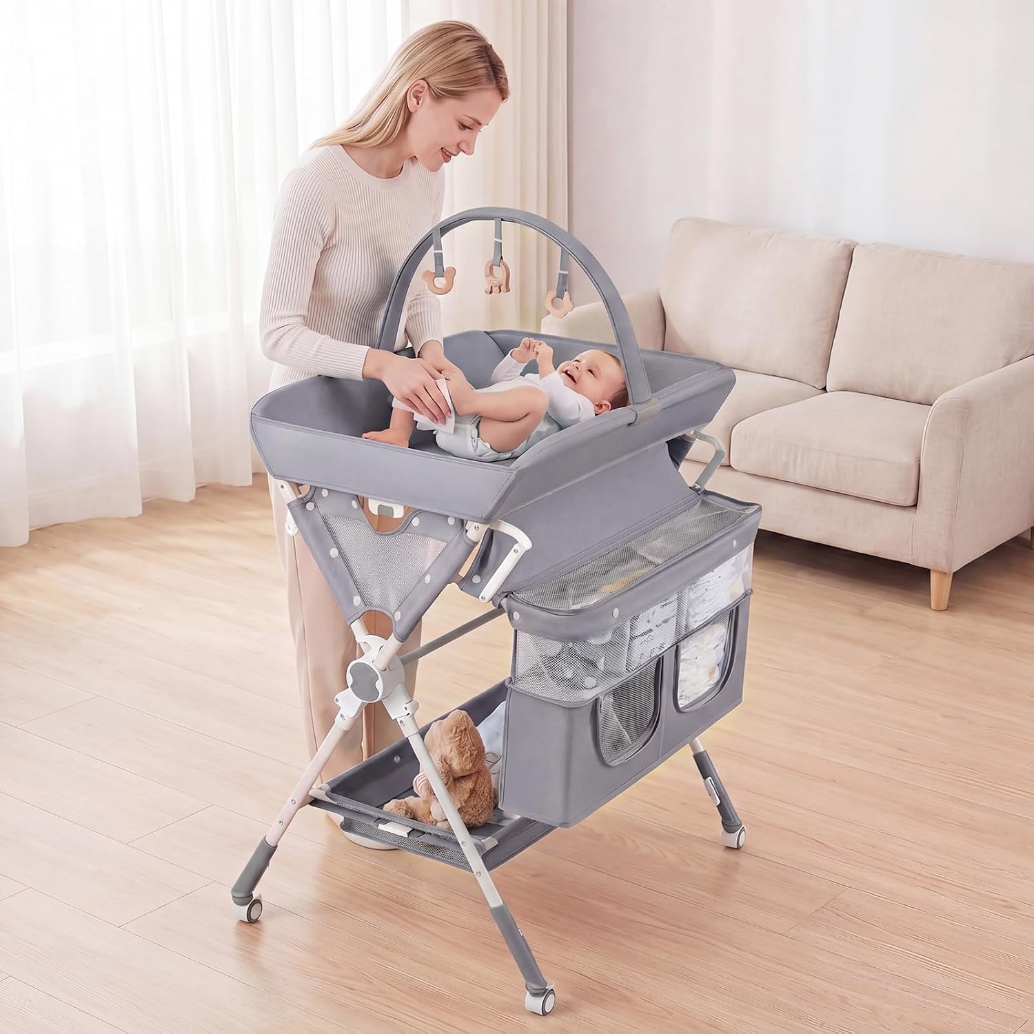 INFANS Portable Baby Changing Table with Wheels, Foldable Diaper Changing Station with Adjustable Heights