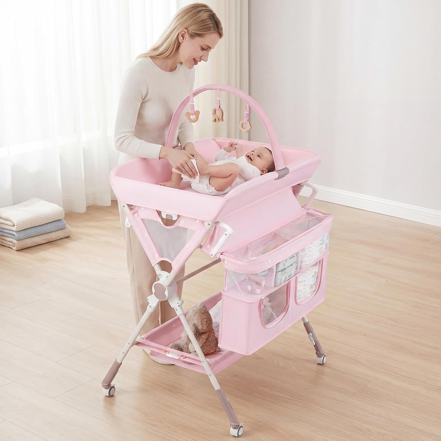 INFANS Portable Baby Changing Table with Wheels, Foldable Diaper Changing Station with Adjustable Heights