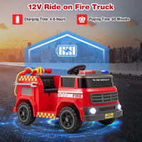 INFANS 12V Ride on Fire Truck with Water Gun, Tank, Megaphone, Siren, Alarm Lamps, Shovel, Remote Control, Music, Aged 3+ Years