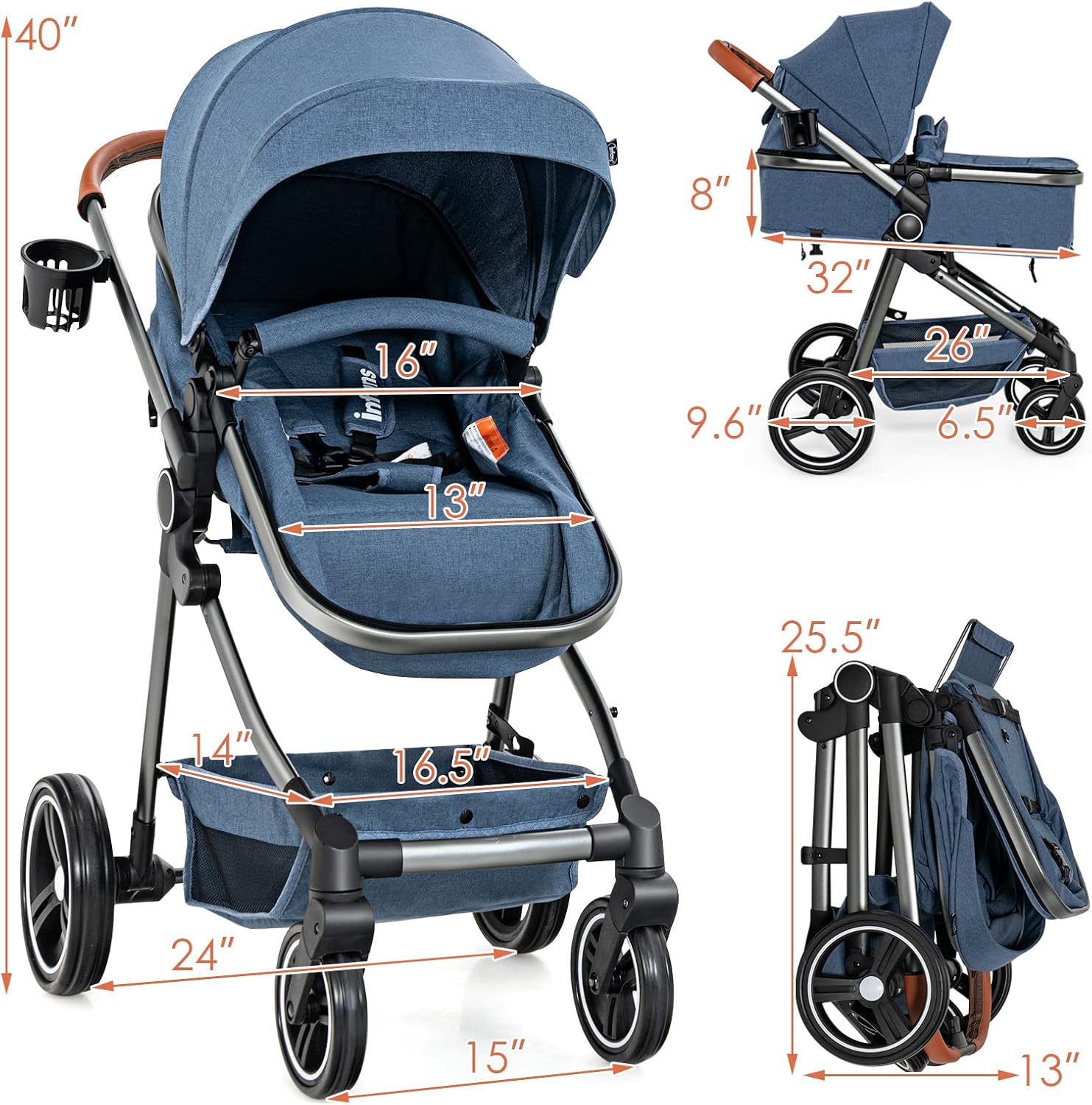 INFANS 2 in 1 High Landscape Convertible Baby Stroller, Newborn Reversible Bassinet Pram, Foldable Pushchair with Adjustable Canopy, Aluminum Structure, 5-Point Harness for Infant & Toddler
