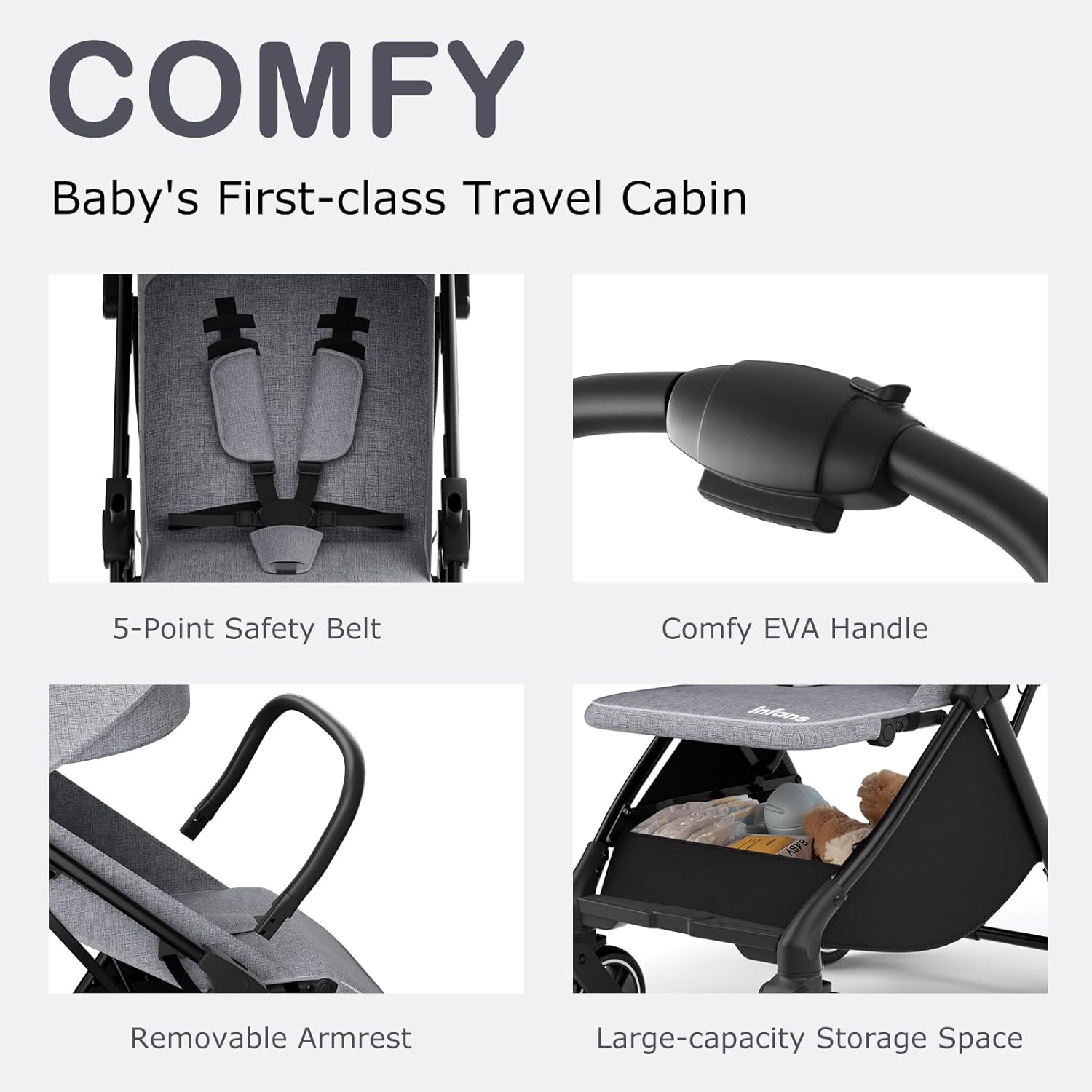 INFANS Ultra-Compact Fold Airplane Ready Travel Stroller, One-Hand Gravity Fold Near Flat Recline Seat