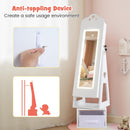 INFANS Kids Jewelry Armoire Cabinet, 360° Swivel Lockable Standing Makeup Organizer with Interior Lights, Rotatable Full-Length LED Vanity Mirror with Foldable Fabric Drawer for Girls