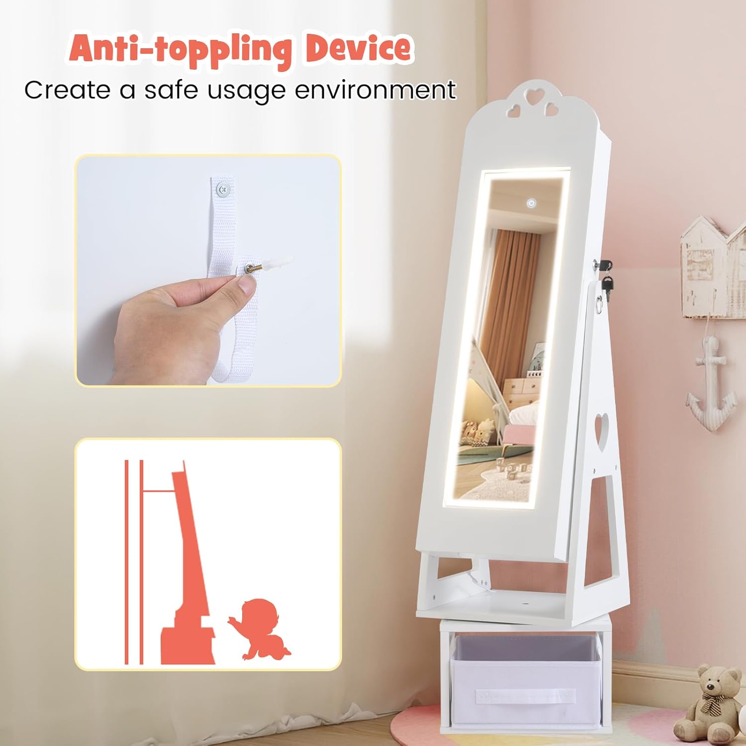 INFANS Kids Jewelry Armoire Cabinet, 360° Swivel Lockable Standing Makeup Organizer with Interior Lights, Rotatable Full-Length LED Vanity Mirror with Foldable Fabric Drawer for Girls