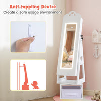 INFANS Kids Jewelry Armoire Cabinet, 360° Swivel Lockable Standing Makeup Organizer with Interior Lights, Rotatable Full-Length LED Vanity Mirror with Foldable Fabric Drawer for Girls