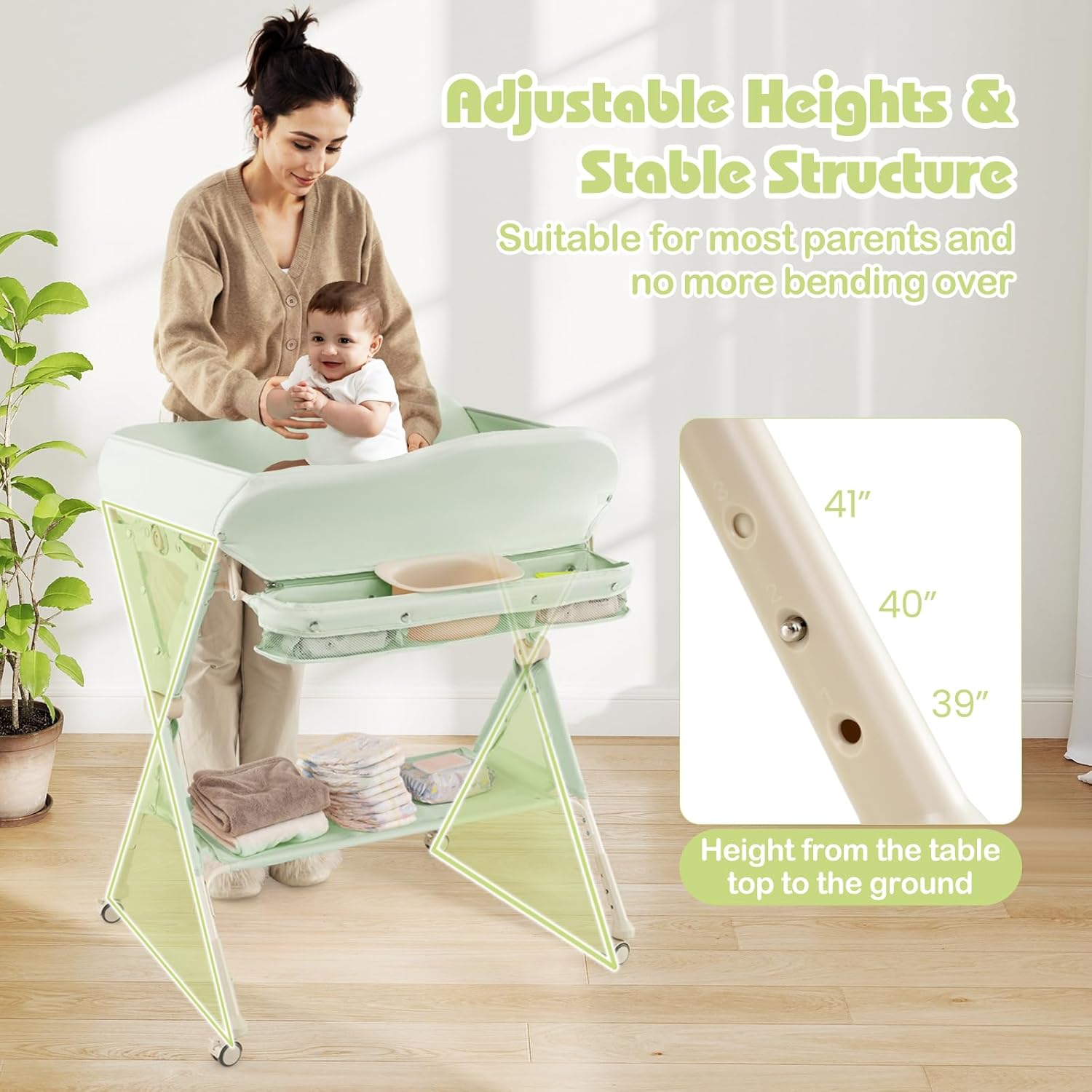 INFANS Baby Changing Table with Wheels, Portable Folding Diaper Station Nursery Organizer with Safety Belt