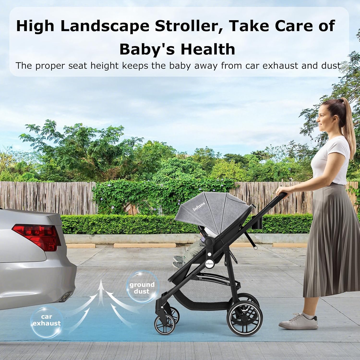 INFANS 2 in 1 Baby Stroller, High Landscape Infant Stroller & Reversible Bassinet Pram, Foldable Pushchair with Adjustable Canopy