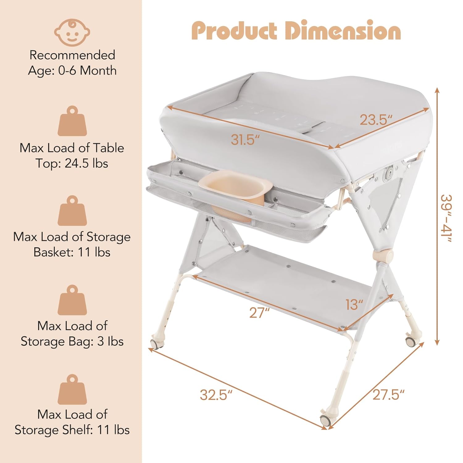 INFANS Baby Changing Table with Wheels, Portable Folding Diaper Station Nursery Organizer with Safety Belt