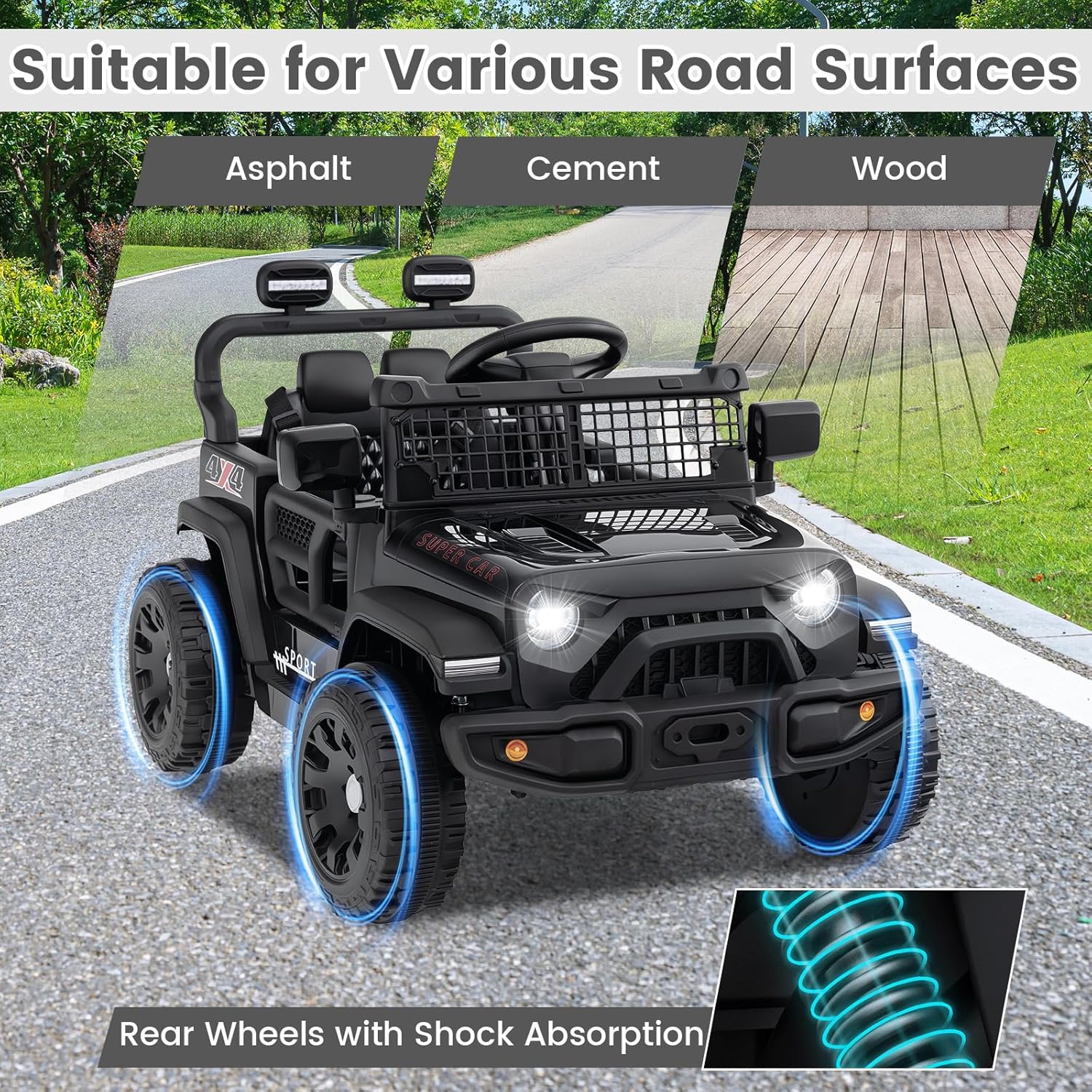 INFANS 12V Ride On Truck, Battery Powered Electric Vehicle for Kids with Remote Control, Foldable Reflective Mirror, Spring Suspension, Music, LED Lights, Ride on Toy for 3+ Boys Girls